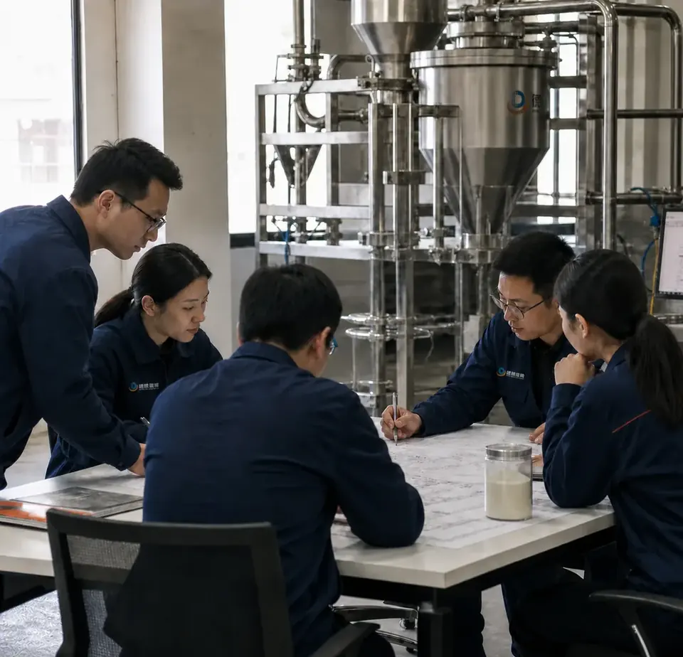 企业文化形象图：工程团队协同研讨粉体系统方案