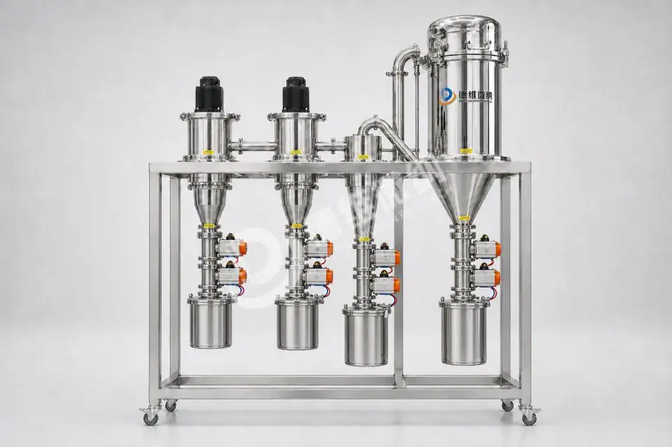 Gas-protected air classifier with sealed discharge valves and collection vessels