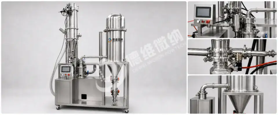 德维微纳实验室气流粉碎机整机与控制、粉碎、收集部件细节